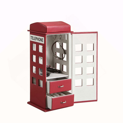 11.5" Tall Leather Jewelry Box, British Telephone Design, Burgundy Red