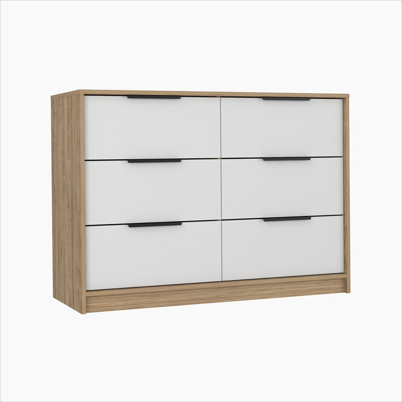 Kaia White and Pine 6-Drawer Modern Dresser