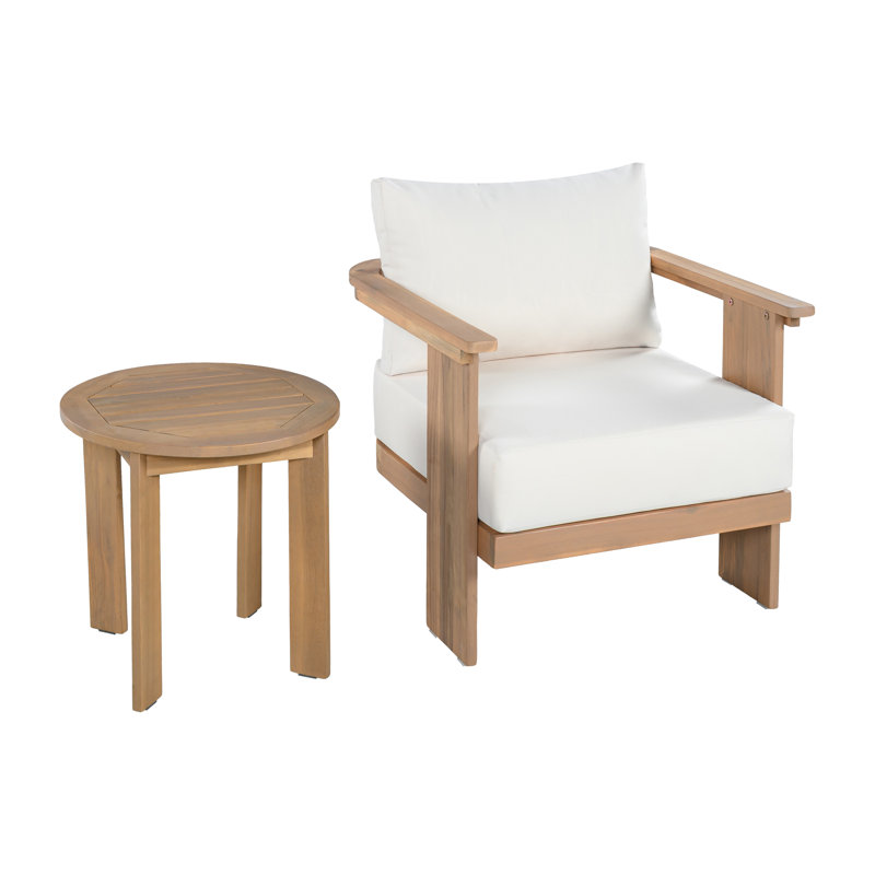 Ensemble de conversation Burlow Mid-Century moderne en bois d'acacia avec coussins hydrofuges, 2 Pcs: End Table, Chair