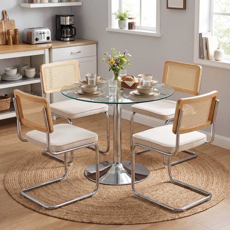 Chaises de salle à manger Mid-Century, Velours beige, Argent