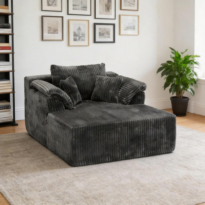 Chaise longue en velours côtelé avec accoudoirs et 3 coussins, sans assemblage pour le salon, Gris
