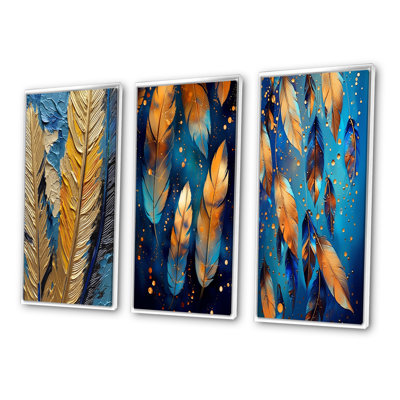 " Boho Glam Exquisite Gold Feather Painting II " 3 - Pieces