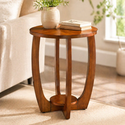Mid-Century Modern Round Side Table Sunburst Cherry Wood Veneer End Table with Solid Poplar Wood Legs