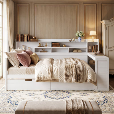 Lit de jour blanc en bois pleine grandeur avec tablettes de rangement latérales, bureau de travail intégré et 2 tiroirs sous le lit, lit plateforme polyvalent pour chambre à coucher