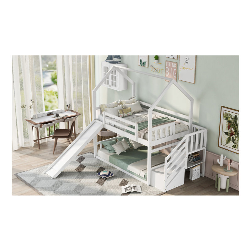 Lit superposé simple au-dessus de simple avec glissière convertible, escalier de rangement, blanc