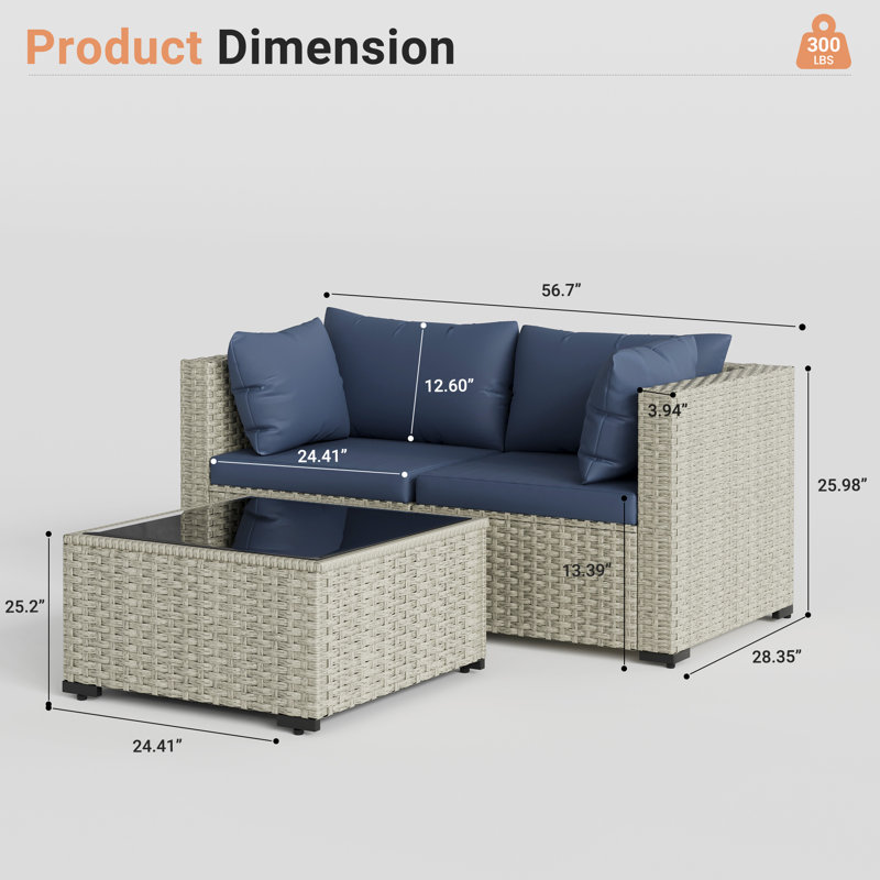 Canapé de patio en rotin avec coussins 3 pièces, Marine