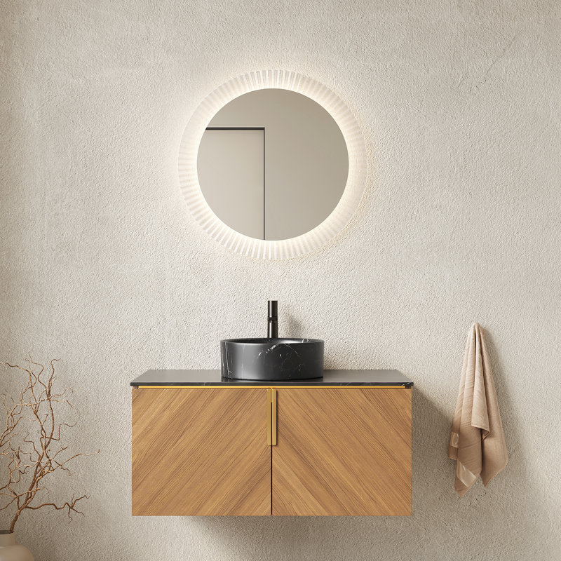 Meuble-lavabo 36 po, comptoir en pierre frittée noire, lavabo rond en céramique, finition grain de chêne brun, armoire à deux portes, système de fermeture en douceur