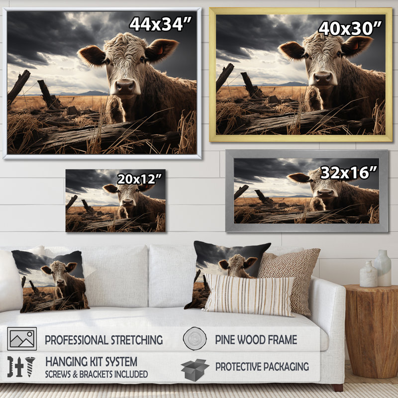 " Cattle Silent Watch II ", 34" H x 44" W x 1.5" D, Gold Floater Framed