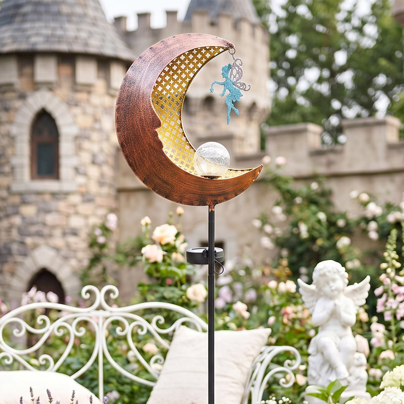 Lune solaire et fée solaire, piquet en forme de croissant de lune en métal avec fée suspendue, lampe de sentier d'extérieur pour décoration de jardin fantaisiste, éclairage de patio