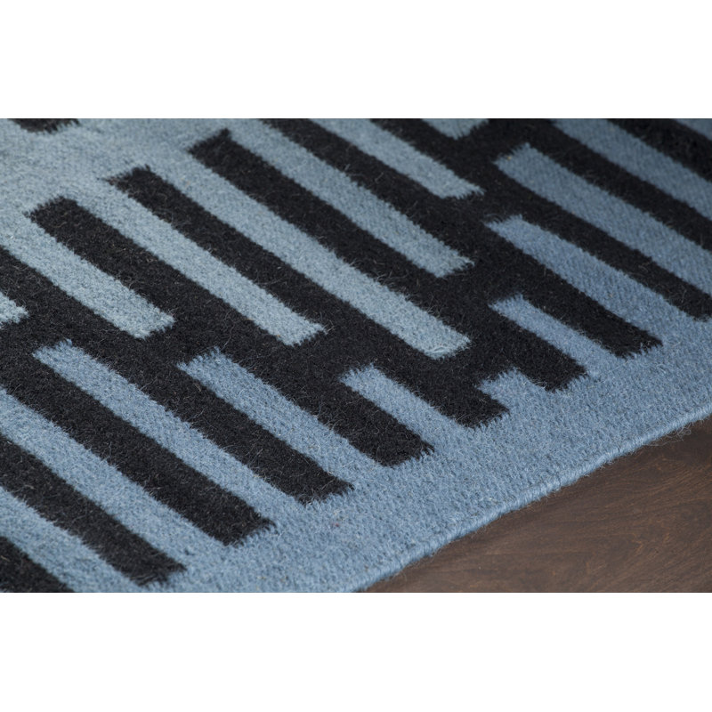 Haysville Authentic Flatweave Handmade Blue & Black Reversible Modern Zig Zag Wool & Cotton Area Rug, 5' x 7'