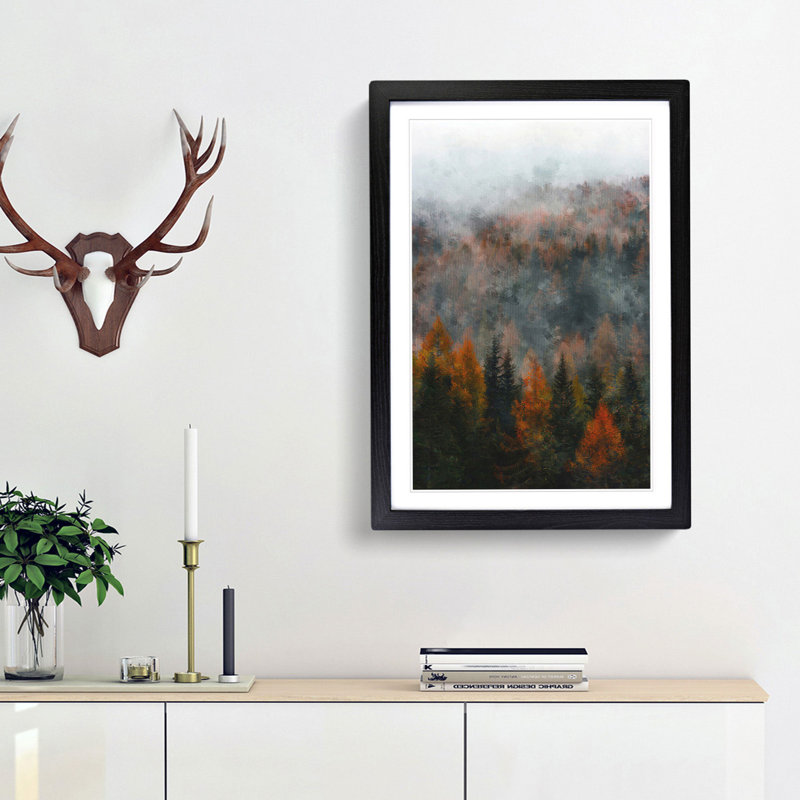 Misty Forest in the Autumn - Picture Frame Painting Print, 45cm H x 33cm W x 2cm D, Black Framed