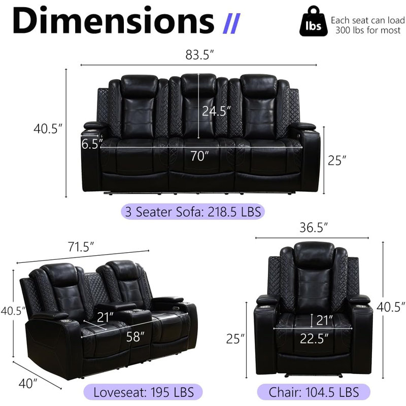 Ensemble de canapé inclinable électrique en cuir 2 pièces avec lumière DEL, station de charge sans fil, lampe de lecture et accoudoir de rangement