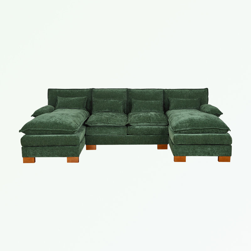 U-shape sectionals Sofa with 2 ottomans and soft cushion, Green Chenille