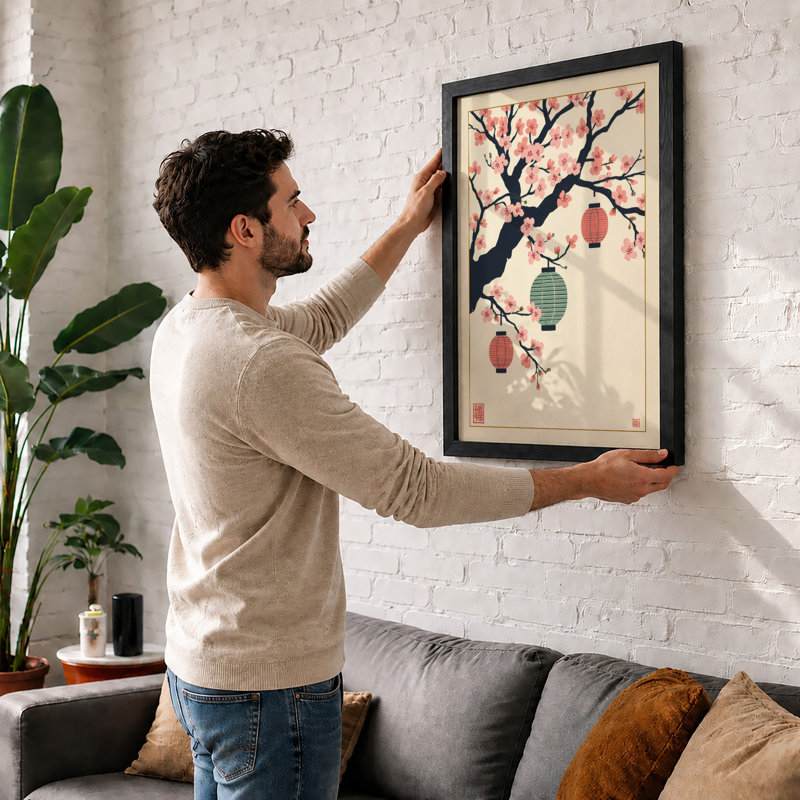 Spring Lanterns on Branch Japandi - Framed Print, Black, A3 - 42.0 x 29.7 cm