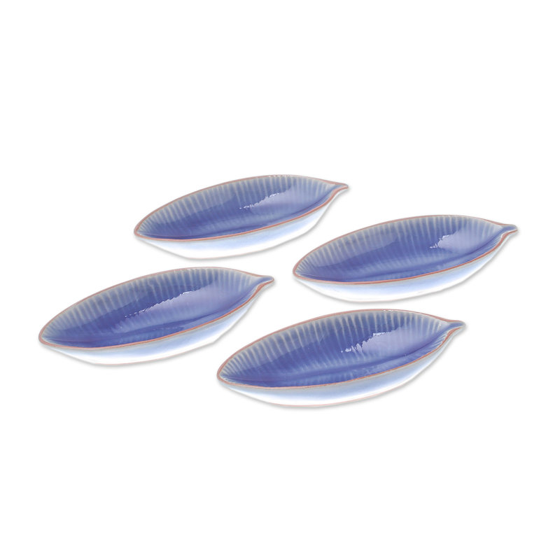 Set of 4 Blue Ceramic Leaf-Shaped Serving Bowls