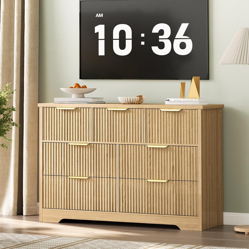 7-Drawer Fluted Wooden Dresser, 47.24" Wide Storage Cabinet with Metal Handles, Natural Oak, Modern Bedroom & Closet Organizer