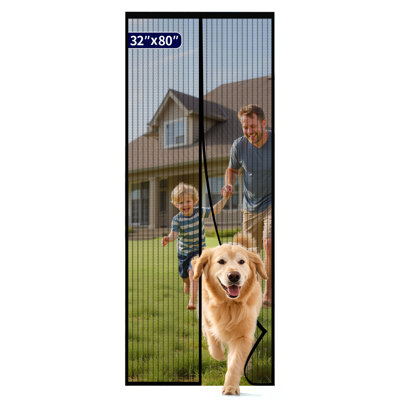 Magnetic Screen Door - 32.0 x 80.0'' Retractable Screen Door Mesh for Front Door or Sliding Door, Pet & Kid Friendly, Hands-Free Closure Keeps Bugs Out & Lets Breeze in, Stripe Black