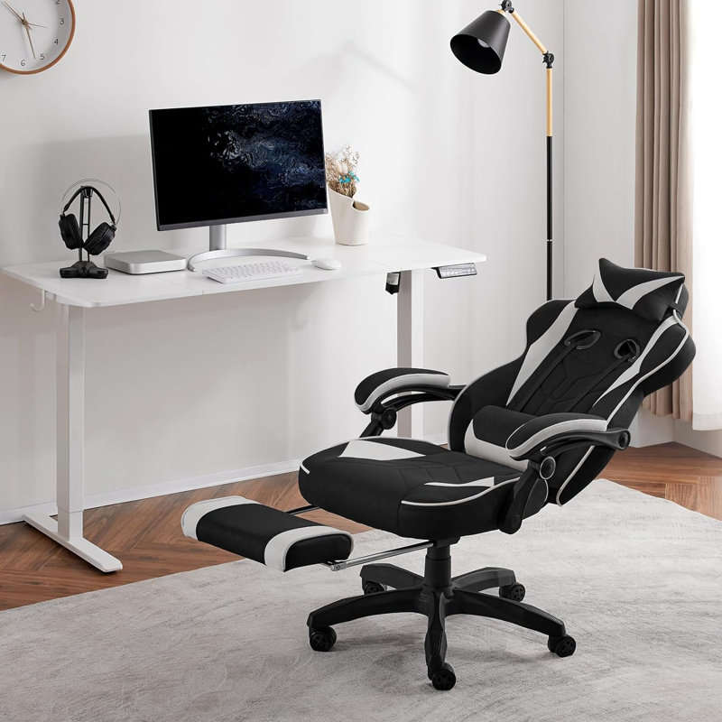 Inbox Zero Adjustable Reclining Ergonomic Swiveling PC & Racing Game Chair with Footrest in Black