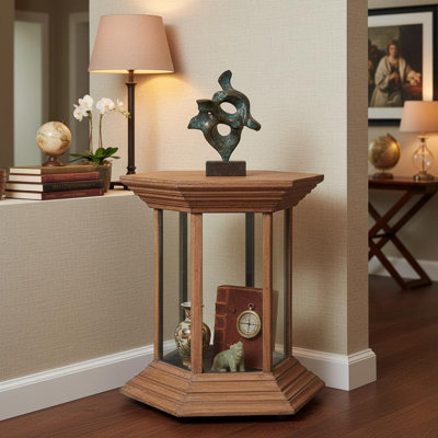 Table-caisse hexagonale en bois de teck massif avec vitrine en verre