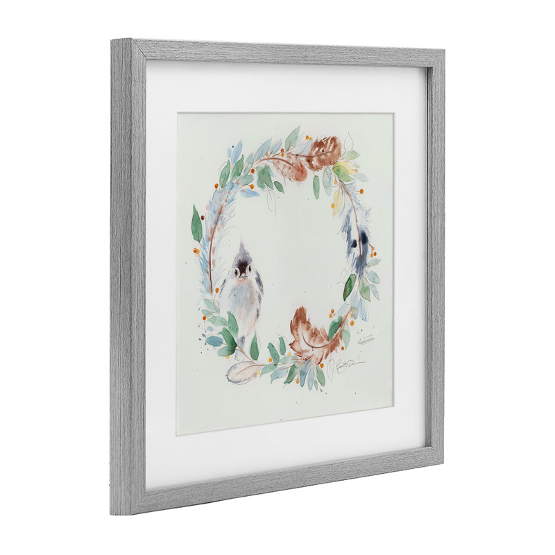 «Wispy Bird & Botanical Wreath», reproduction encadrée sous verre, conception de Cady, Cadre de ferme gris, H 13 po x l 13 po