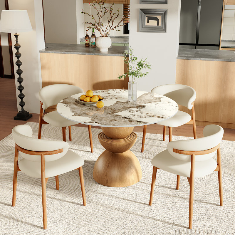 Table de salle à manger ronde moderne avec table en pierre frittée de qualité supérieure et base en bois massif robuste pour 2/4/6