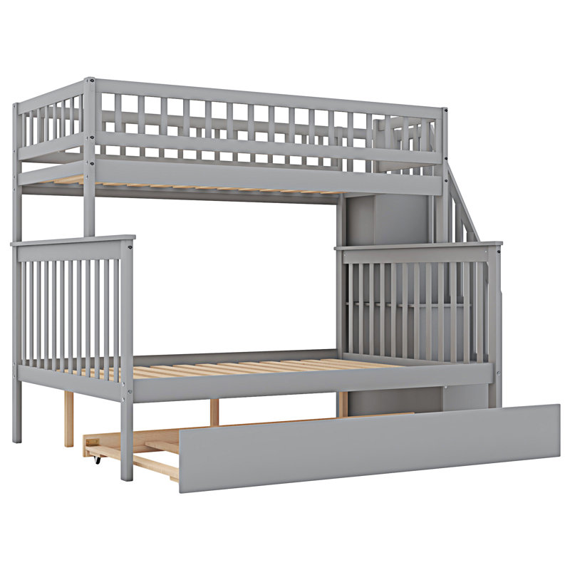Bunk Bed With Trundle And Staircase, Grey, Twin