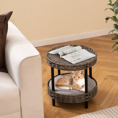  2-tier Rattan Cat Nest Wicker Kitten House w/ Removable Padded Cushion for Home