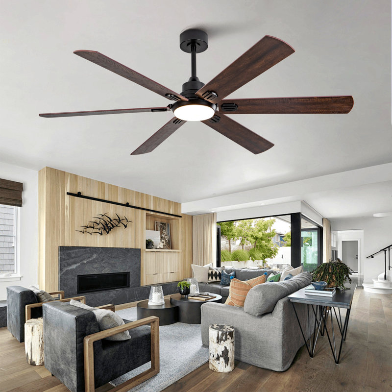 Smart 60" Indoor/Outdoor Ceiling Fan With Light, Dual Finish Black/Walnut 6-Blade, Remote Control, Dimmable LED, 6-Speed Quiet DC Motor, Reversible