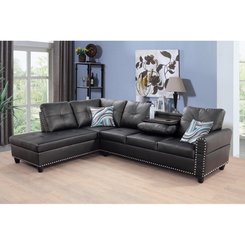Louvenia Upholstered L-Shaped Sectional, Black Faux Leather, Left Hand Facing