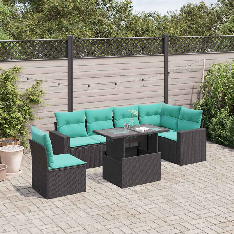 Ensemble de canapé de patio 7 pièces avec coussins en rotin de polyester, Bleu clair, Noir