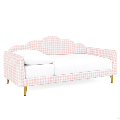 Twin Size Fully Upholstered Platform Daybed Frame in Pink Gingham, with Headboard with Side armrests, for Bedroom, Living Room, Guest Room, Metal Legs and Slat Support, No Box Spring Needed, Pink
