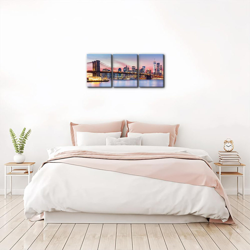 Framed Wall Art Brooklyn Bridge Canvas Decor Set of 3, Manhattan Skyline Wall Decor Prints Posters Modern Art, Sunset Cityscape Wall Art for Bedroom Living Room Office - 12"x16"x3 Panels