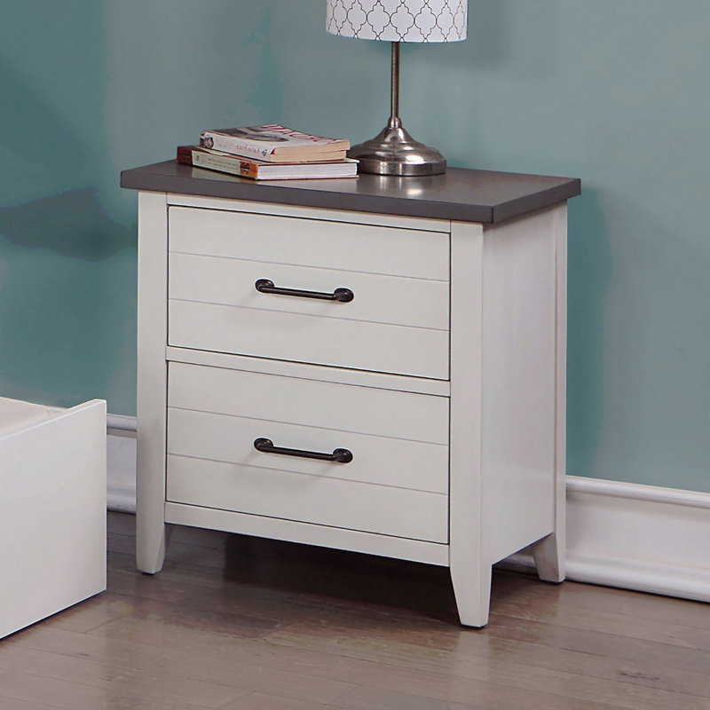 Bedroom Nightstand 1Pc, Solid Wooden Black Finish, Appliance Pull, 2-Drawers, Grey Top, Two Tone Finish, Bedside Table