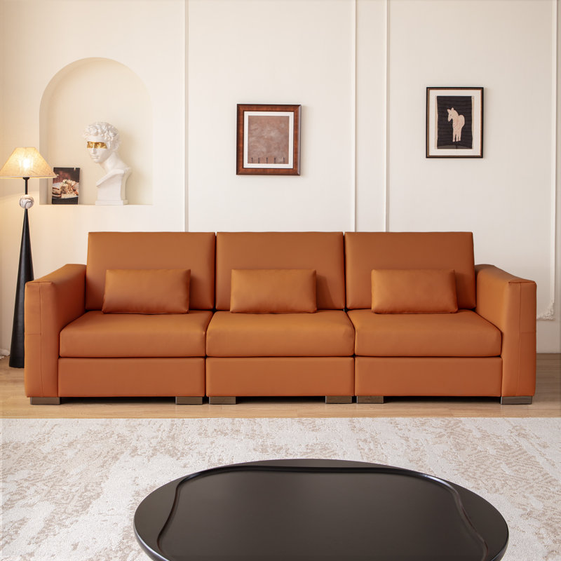 108.7"W Orange Luxury Leather Sleeper Couch, Mid-Century Modern 4-Seater Deep Seat Sectional Sofa with Metal Legs and Pillows, Vintage Wide Square Upholstered Sofa Bed for Living Room and Bed Room