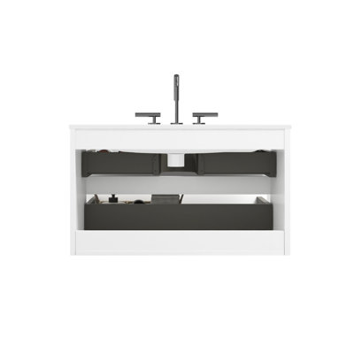 Meuble-lavabo moderne blanc brillant de 36 po - lavabo en céramique et 3 trous de robinet, rangement abondant, tiroirs silencieux pour une idée de décoration avec tiroirs spacieux, look