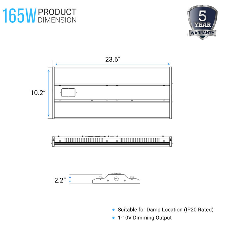 Plafonnier rectangulaire à intensité variable, H 11,81 po x l 23,62 po x P 2,36 po, 165W, 23200