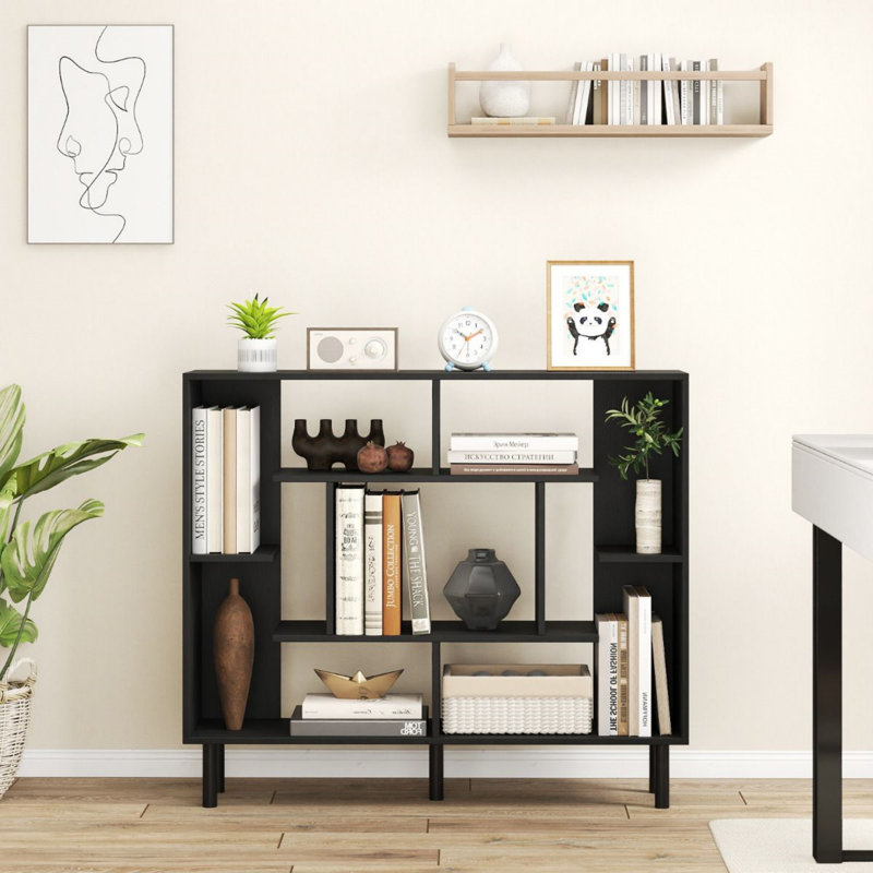 Open Bookshelf Modern Geometric Bookcase, Black