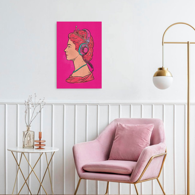 Iconic Queen, écouteurs, rose, portrait abstrait moderne, art mural, H 24 po x l 16 po