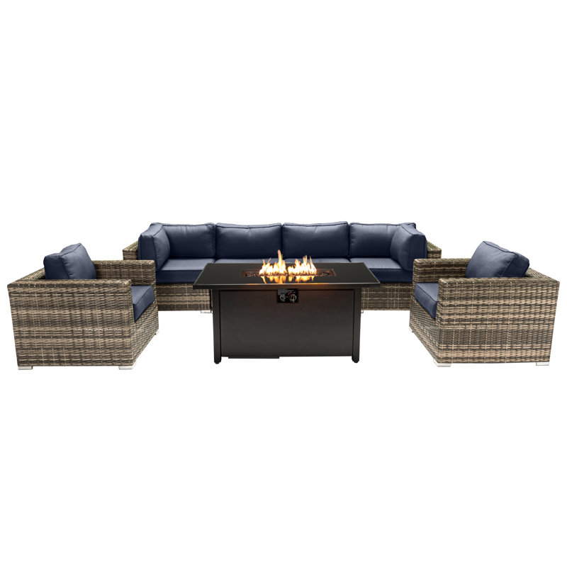 Ensemble de conversation pour 6 personnes avec foyer et coussins Sunbrella Makinleigh LSI, Bleu marine Sunbrella