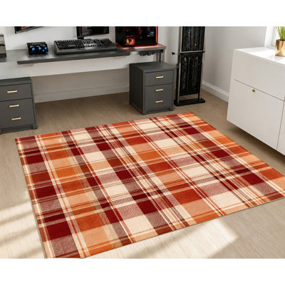 Tapis lavable à carreaux, motif rouge et orange, surface en velours, doux et antidérapant, décoration intérieure moderne pour salon, chambre, entrée, bureau, balcon, appartement