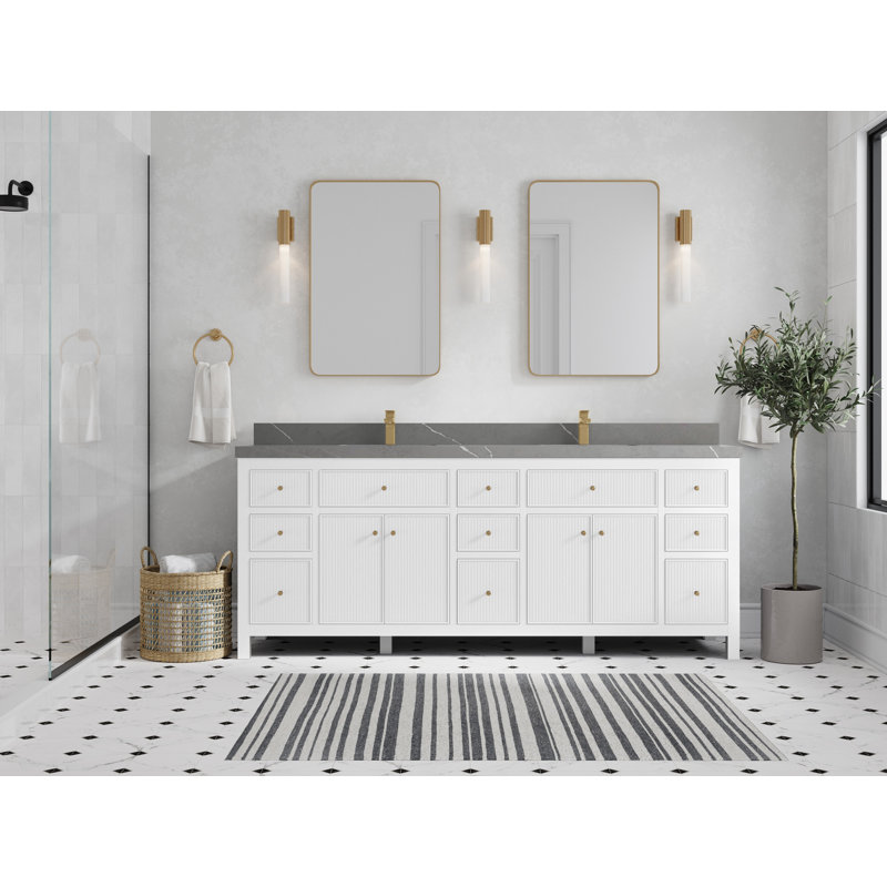84'' Double Bathroom Vanity with Top, White, Gray Quartz