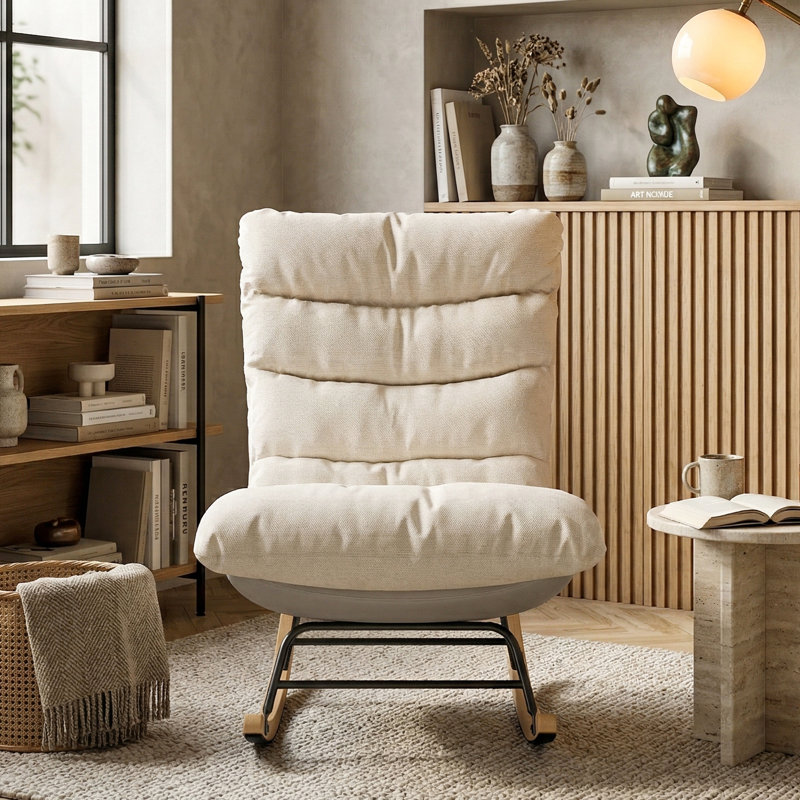 Two-Tone Upholstered Rocking Chair, Modern Nursery Accent Chair in Linen & Leathaire, Beige & Grey