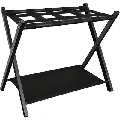 Folding Luggage Rack Stand With Shelf For Guest Room, Foldable Metal Suitcase Storage Caddy Holder For Bedroom Hotel Essentials, Black, 1Pack