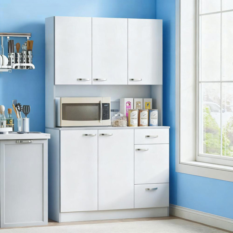 Grand garde-manger avec support pour micro-ondes, 6 portes, tiroir de rangement et 3 tablettes réglables pour une organisation moderne