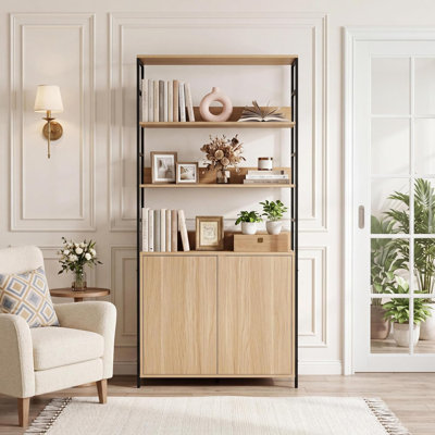 Bibliothèque 71 pouces de hauteur industrielle avec portes, tablette de présentation à 3 niveaux et structure en métal, bibliothèque réglable avec rails de protection pour le bureau du salon