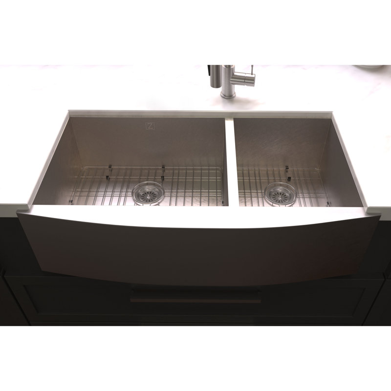 DuraSnow® ZLINE 36" Courchevel Farmhouse Apron Mount Double Bowl Fingerprint Resistant Stainless Steel Kitchen Sink with Bottom Grid