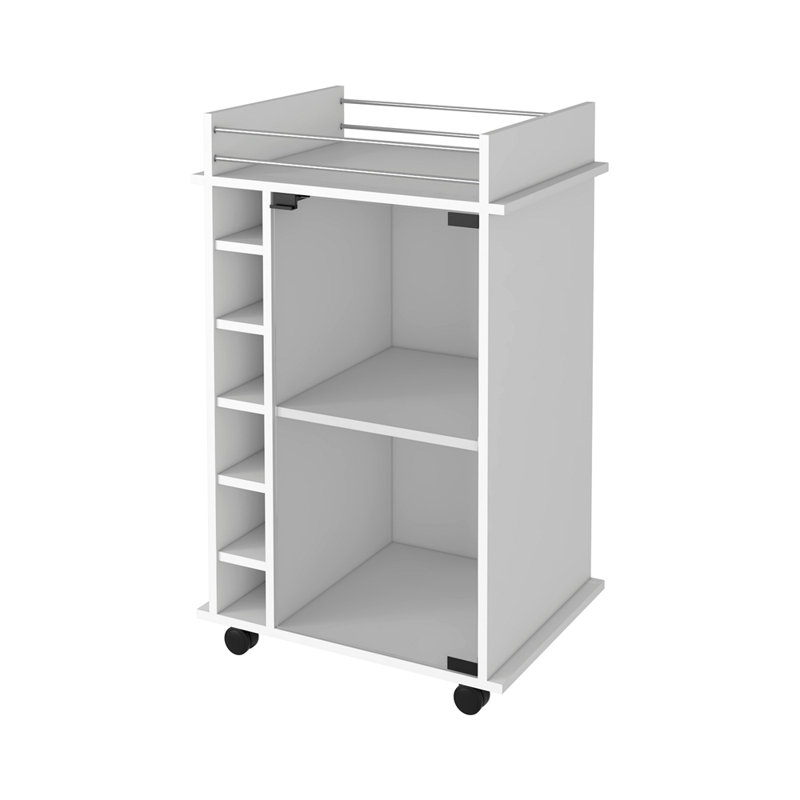 Bar Cart, Two Tier Cabinet With Glass Door, Six Cubbies For Liquor, White