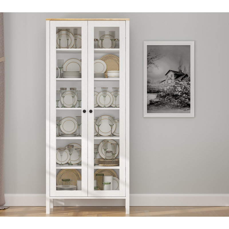 Bibliothèque moderne scandinave, 83 x 76,4 x 13,8 pouces | 100% panneau de particules enduit de mélamine, épaisseur de 0,7 pouce | Pieds en panneau de fibres à densité moyenne, poignées en métal, nombreuses tablettes, fixation murale, finition blanche élégante