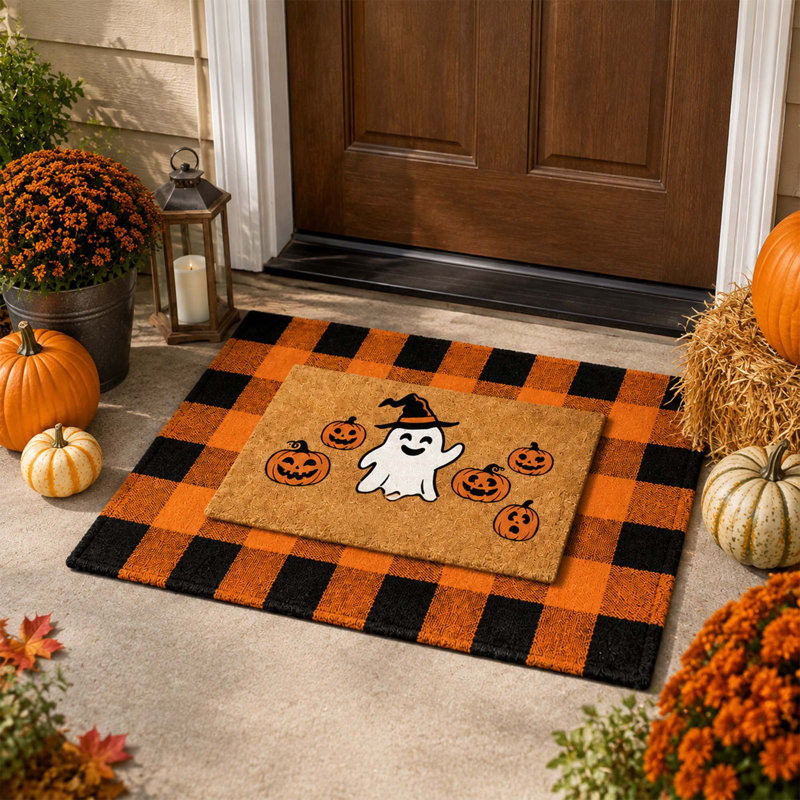 Ensemble de 2 tapis de porte superposés pour l'Halloween, tapis à carreaux orange et noir avec paillasson en fibre de coco