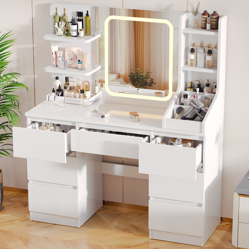 Rosse Dressing Table With 3 Colorful Light Mirror 7 Drawers and 7 Storage Shelves Makeup Desk 110cm Desktop Vanity Table